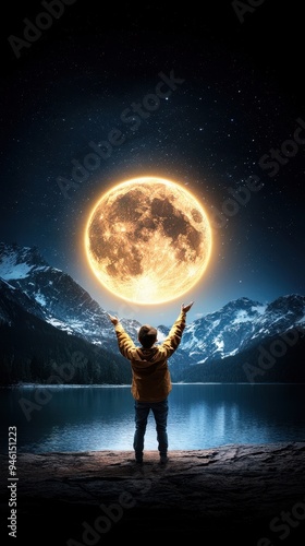 A person stands by a serene lake, reaching for a luminous moon, surrounded by majestic mountains and a starry sky.