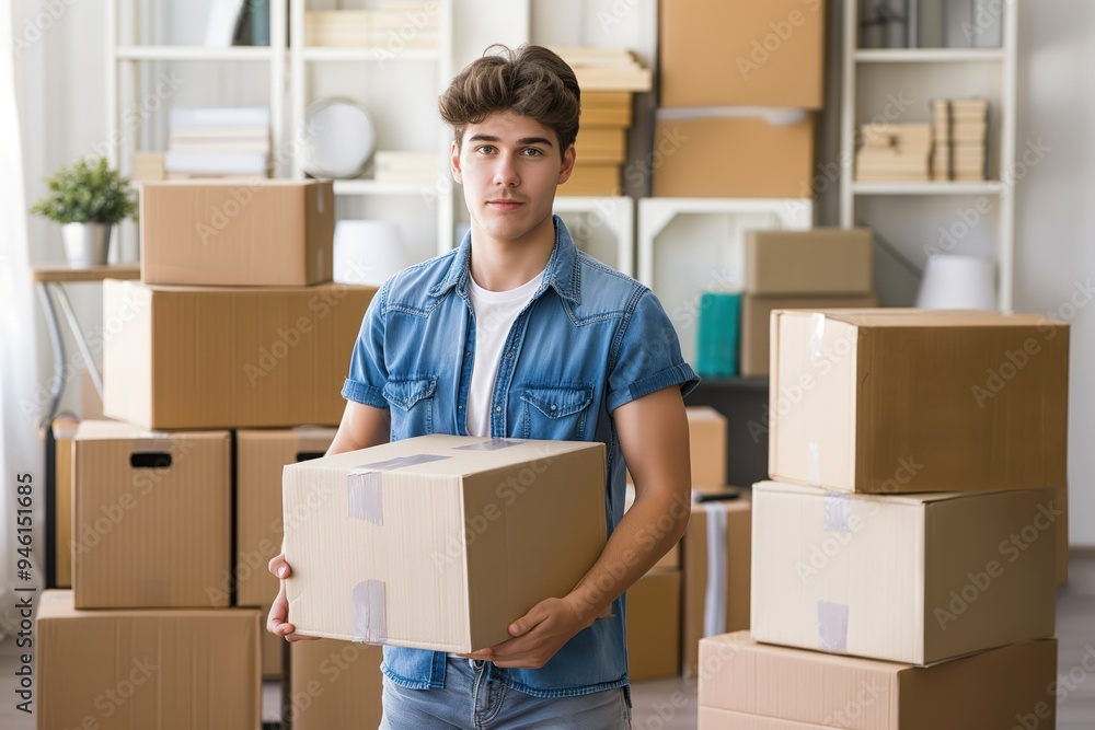 Young man unloads boxes from moving truck in front of new home. Cardboard packaging, logistics, shipping, delivery, storage, transportation services for residential move. Mover carries boxes into Young man unloads boxes from moving truck in front of new home. Cardboard packaging, logistics, shipping, delivery, storage, transportation services for residential move. Mover carries boxes into