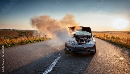 A broken car smoking out of the engine standing on the road 
