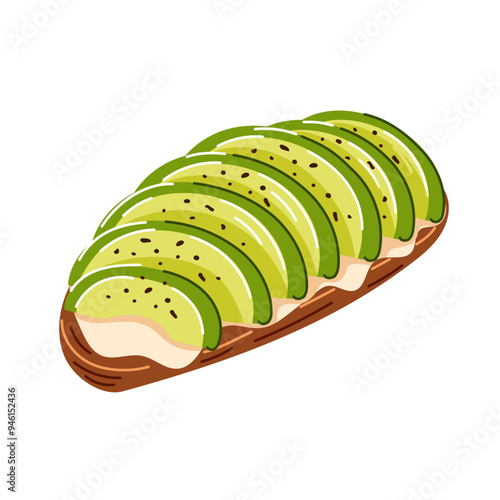 Avocado toast from dark rye bread with slices of avocado, cottage cheese and pepper. Cartoon. Healthy breakfast for menu and restaurants design. Vector illustration isolated on white background.