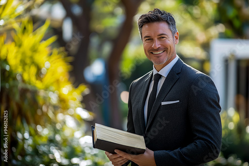 Well-dressed male real estate agent in a suit, holding a book and smiling at the camera outdoors. photo