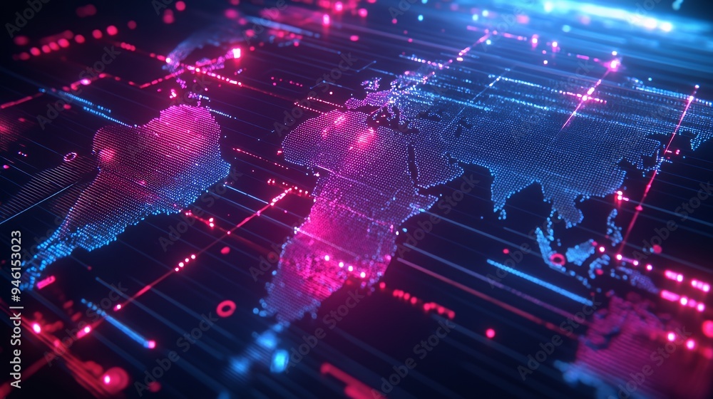 Digital world map with neon effects, showcasing global connectivity and technology themes. Digital world map with neon effects, showcasing global connectivity and technology themes.