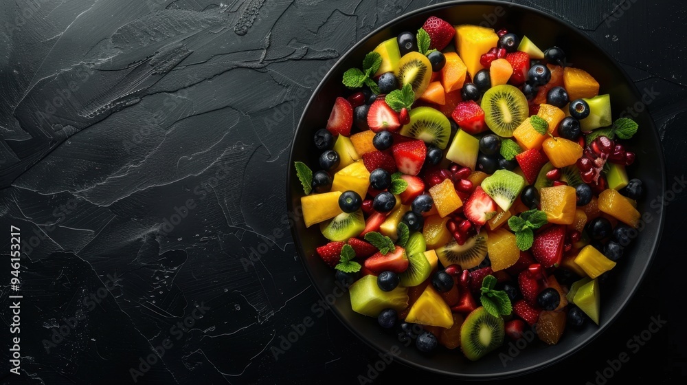 Top view of a vibrant fruit salad with mixed tropical fruits on a black background Top view of a vibrant fruit salad with mixed tropical fruits on a black background