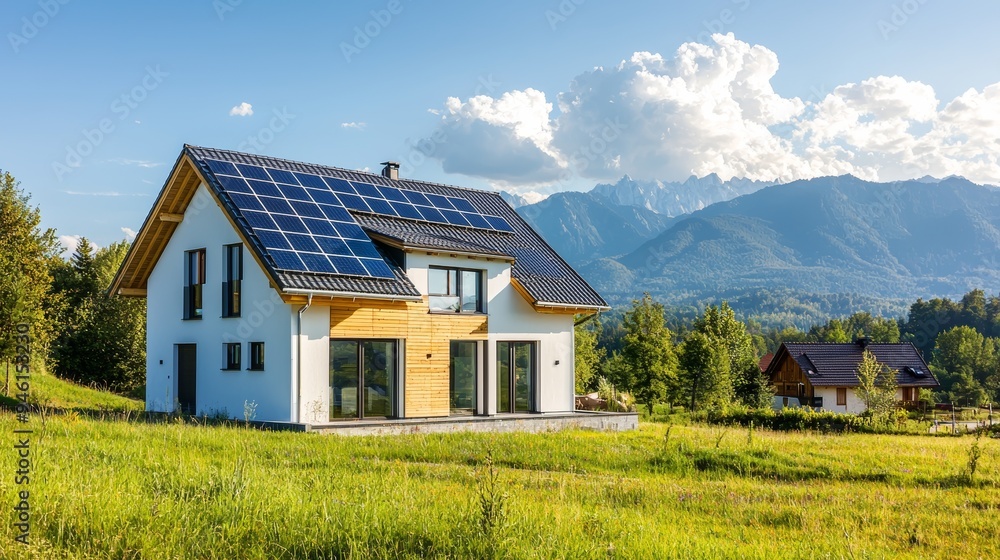 Incorporating generative stock in photovoltaic solar panels on the roof of a modern house Incorporating generative stock in photovoltaic solar panels on the roof of a modern house
