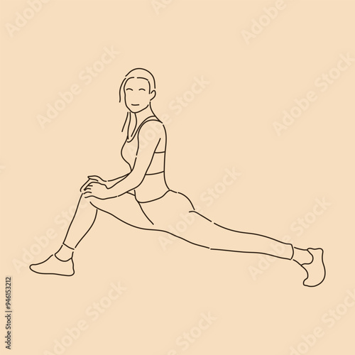 Woman Stretching in Yoga Pose. Line art drawing. Sketch outline vector