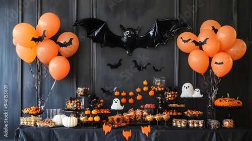 10 Vibrant indoor party Halloween decorations hanging bats ghost balloons spooky snack table photo