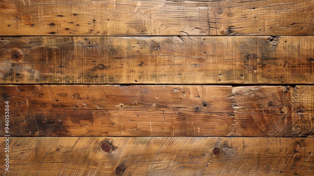 Top view of a wooden floor with wide planks and a distressed finish, offering a rustic and aged look Top view of a wooden floor with wide planks and a distressed finish, offering a rustic and aged look