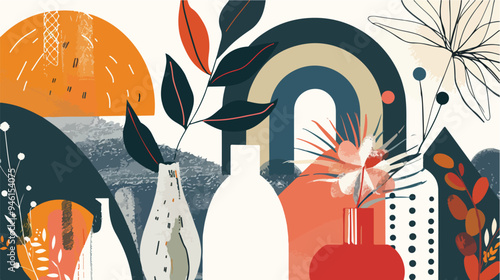 Contemporary Abstract Vase with Organic Shapes, Flowers, and Moon Phase