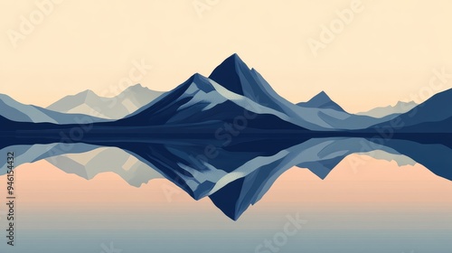 Simple digital art of a mountain and its reflection in still water, emphasizing minimalist design and calm colors.