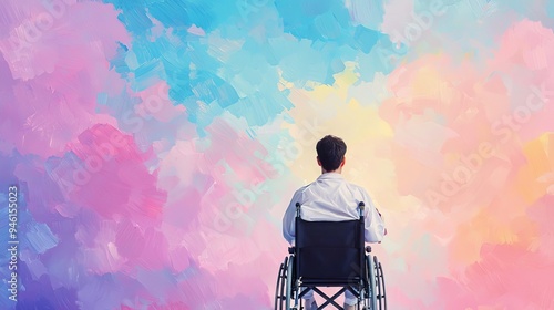 Child in a wheelchair being pushed by a nurse, with a rainbow appearing in the sky, digital art, soft brushstrokes, warm tones photo