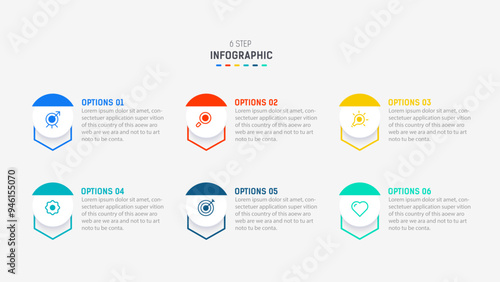 Business infographics design for Six Step, option, parts or process. Infographic 6 element design template for presentation. process diagram, step banner, flow chart, 6 option template.