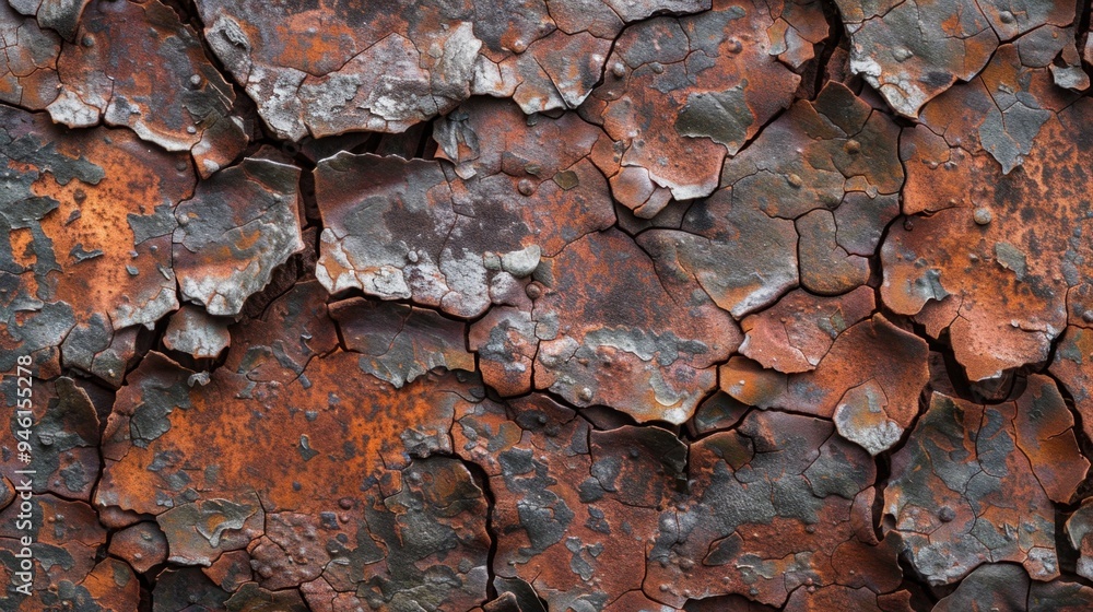 Top view of an old, rusty iron sheet with deep cracks and flaking, ideal for a rugged, aged look Top view of an old, rusty iron sheet with deep cracks and flaking, ideal for a rugged, aged look