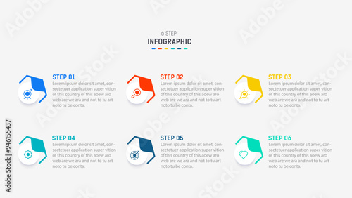 Business  infographics design for Six Step, option, parts or process. Infographic 6 element design template for presentation.  process diagram, step banner, flow chart, 6 option template.