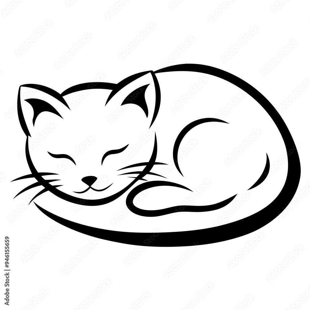 Fototapeta premium Sleeping cat curled contentedly peaceful black and white illustration