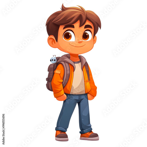 Cartoon boy wearing an orange jacket and jeans with a backpack and a small robot peeking out, Ideal for educational content isolated on transparency PNG background, children's books