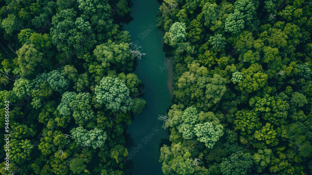 Aerial shot of a forest canopy with a river cutting through it, the water visible only as a thin ribbon amidst the sea of green, highlighting the untouched beauty of nature Aerial shot of a forest canopy with a river cutting through it, the water visible only as a thin ribbon amidst the sea of green, highlighting the untouched beauty of nature