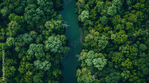 Aerial shot of a forest canopy with a river cutting through it, the water visible only as a thin ribbon amidst the sea of green, highlighting the untouched beauty of nature