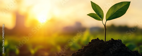 A young green plant grows from soil, symbolizing new beginnings and sustainable growth against a golden sunset backdrop.