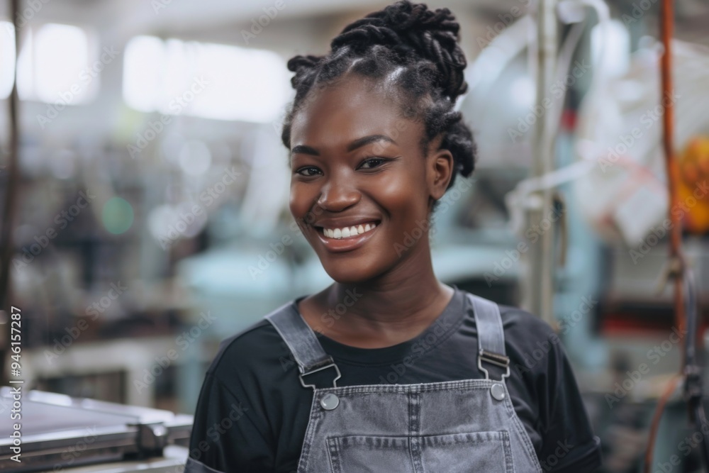 Portrait of a young female assembly line worker in factory Portrait of a young female assembly line worker in factory