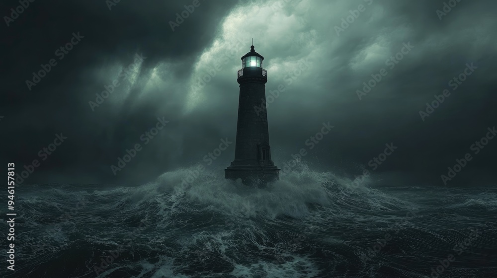 Stormy sea surrounds a solitary lighthouse, with waves crashing against its base and dark skies looming above. Stormy sea surrounds a solitary lighthouse, with waves crashing against its base and dark skies looming above.