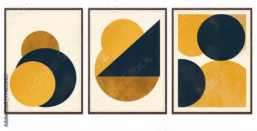   Three Simple Framed Wall Art   Geometric Shapes in Navy Blue and Mustard Yellow on White Background, Framed in Black Wood