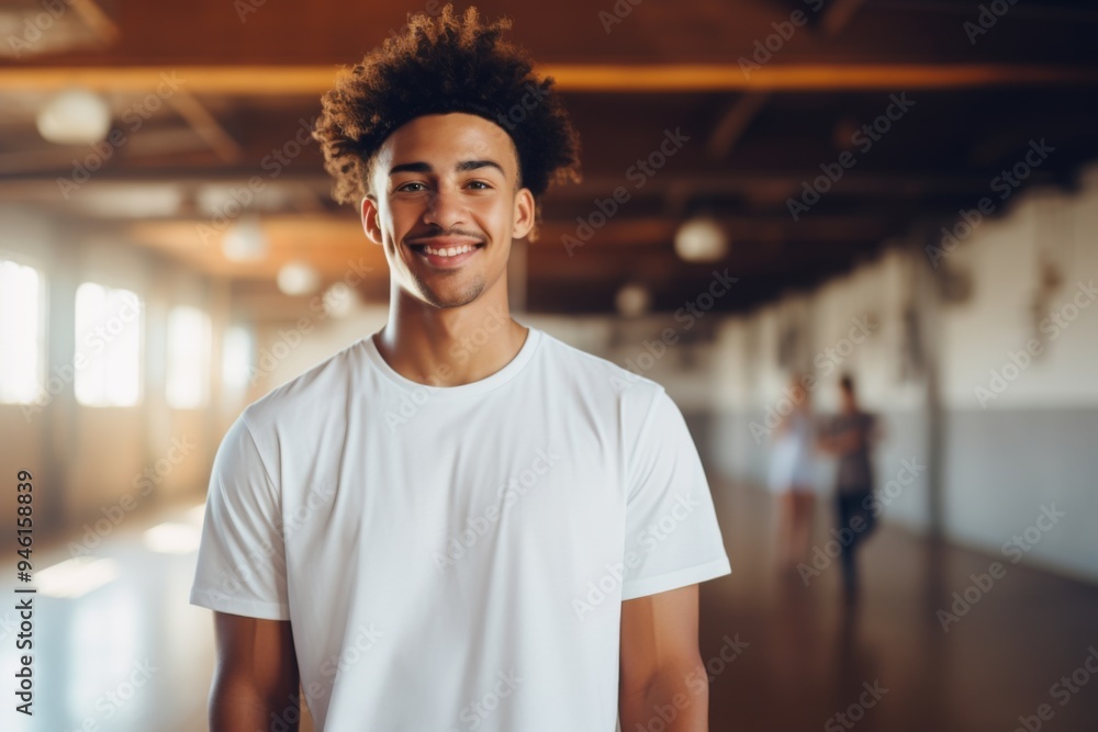 Portrait of a smiling male African American teenager in basketball gym Portrait of a smiling male African American teenager in basketball gym