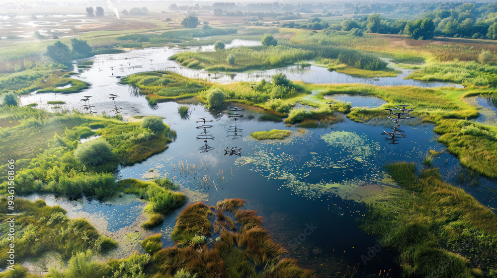 Aerial perspective of a remote wetland area, with environmental sensors and drones in operation, monitoring water levels, vegetation health, and wildlife activity Aerial perspective of a remote wetland area, with environmental sensors and drones in operation, monitoring water levels, vegetation health, and wildlife activity