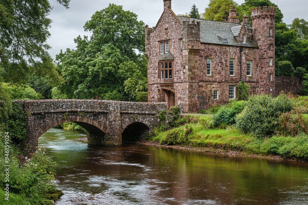 Fototapeta premium A stone bridge carrying a road over a river, with a stone building on the bank.
