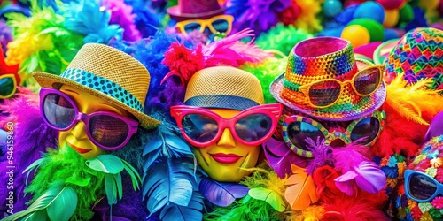 Vibrant and fun festival accessories including hats, sunglasses, masks, and feather boas photo