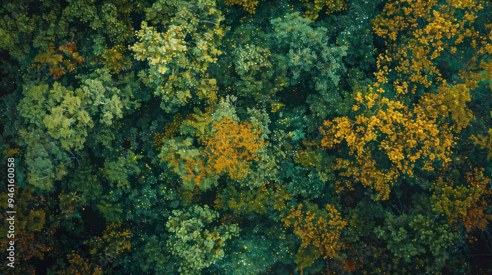 Aerial perspective of a forest canopy after a rainstorm, with wet leaves glistening in the sunlight, the rich colors and textures of the forest enhanced by the fresh rain Aerial perspective of a forest canopy after a rainstorm, with wet leaves glistening in the sunlight, the rich colors and textures of the forest enhanced by the fresh rain