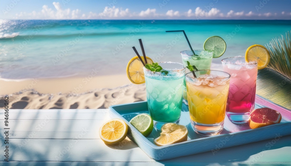 Obraz premium top view of a tray full of cocktails on a summer beach