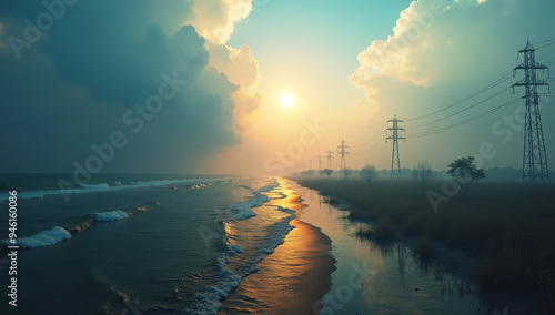 Landscape of a beach on one side and light poles on the other, at sunset, with clouds and fog. Climate change and energy transition concepts. Wallpaper. photo