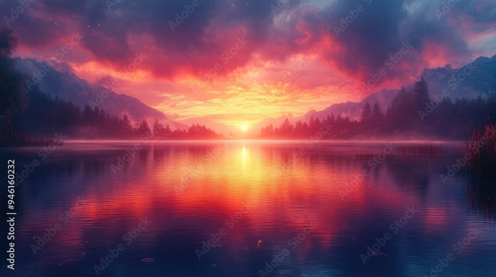 Colorful sunrise over a serene lake Colorful sunrise over a serene lake