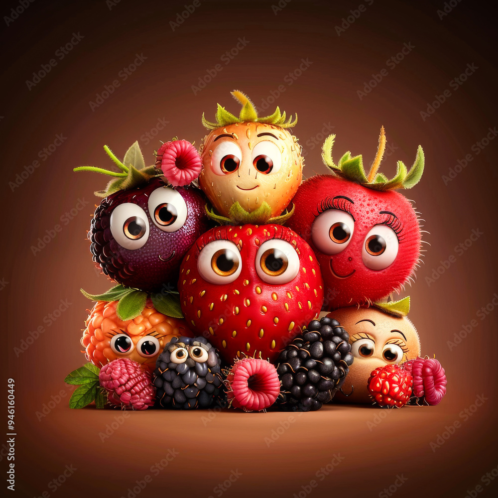 Happy Kawaii Berries. Generated image. A digital illustration of a group of happy kawaii cartoon berries with big eyes. Happy Kawaii Berries. Generated image. A digital illustration of a group of happy kawaii cartoon berries with big eyes.