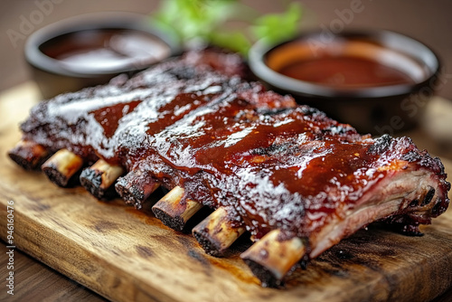 Grilled and smoked ribs with barbeque sauce on a carving board
 photo