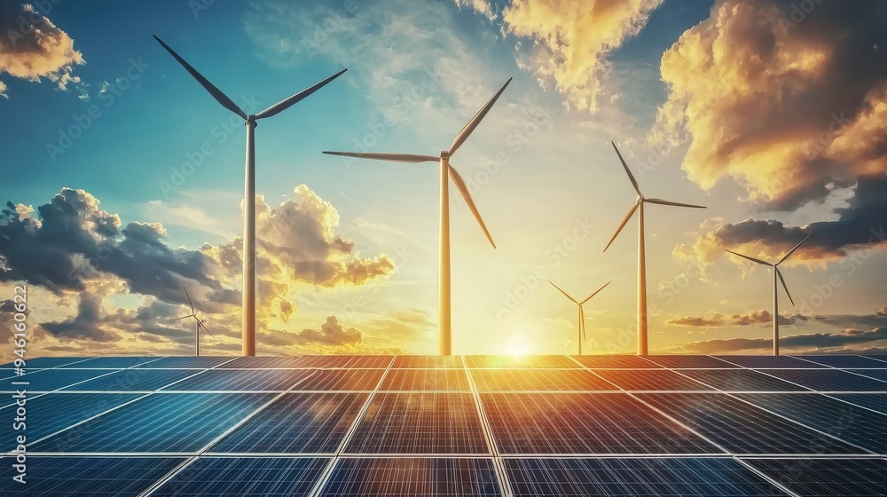 The concept of energy crisis and eco-friendly renewable electricity energy. Solar farm with panels and wind turbines in front of a beautiful sunset sky background. Banner with copyspace. The concept of energy crisis and eco-friendly renewable electricity energy. Solar farm with panels and wind turbines in front of a beautiful sunset sky background. Banner with copyspace.