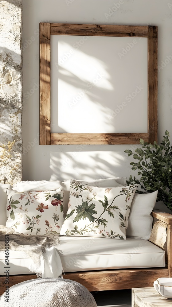 Handcrafted wooden frame showcasing a beautiful botanical in a cozy farmhouse inspired living room with natural daylight filtering in creating a serene and inviting vignette Handcrafted wooden frame showcasing a beautiful botanical in a cozy farmhouse inspired living room with natural daylight filtering in creating a serene and inviting vignette