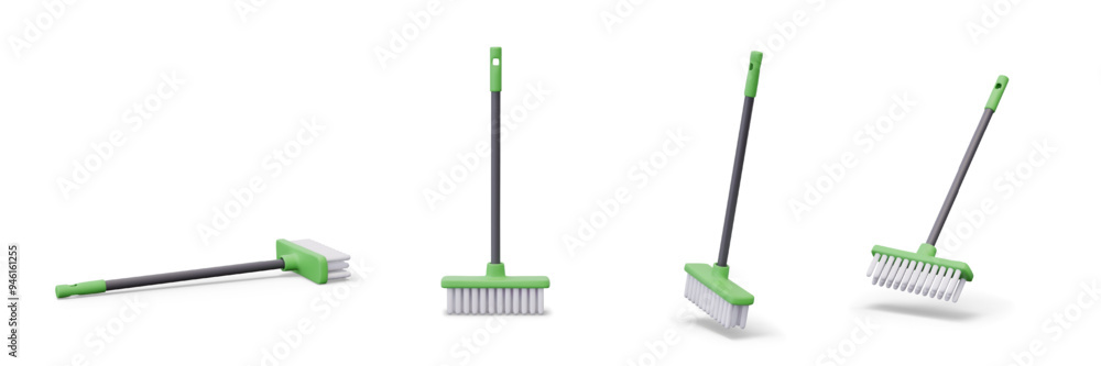 Brush for sweeping floor. Plastic device with long handle for cleaning garbage Brush for sweeping floor. Plastic device with long handle for cleaning garbage