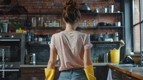 The woman cleaning kitchen