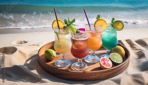 top view of a tray full of cocktails on a summer beach