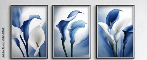 Trio of Vertical Blue and White Calla Lily Paintings, Framed and Set Against a White Background