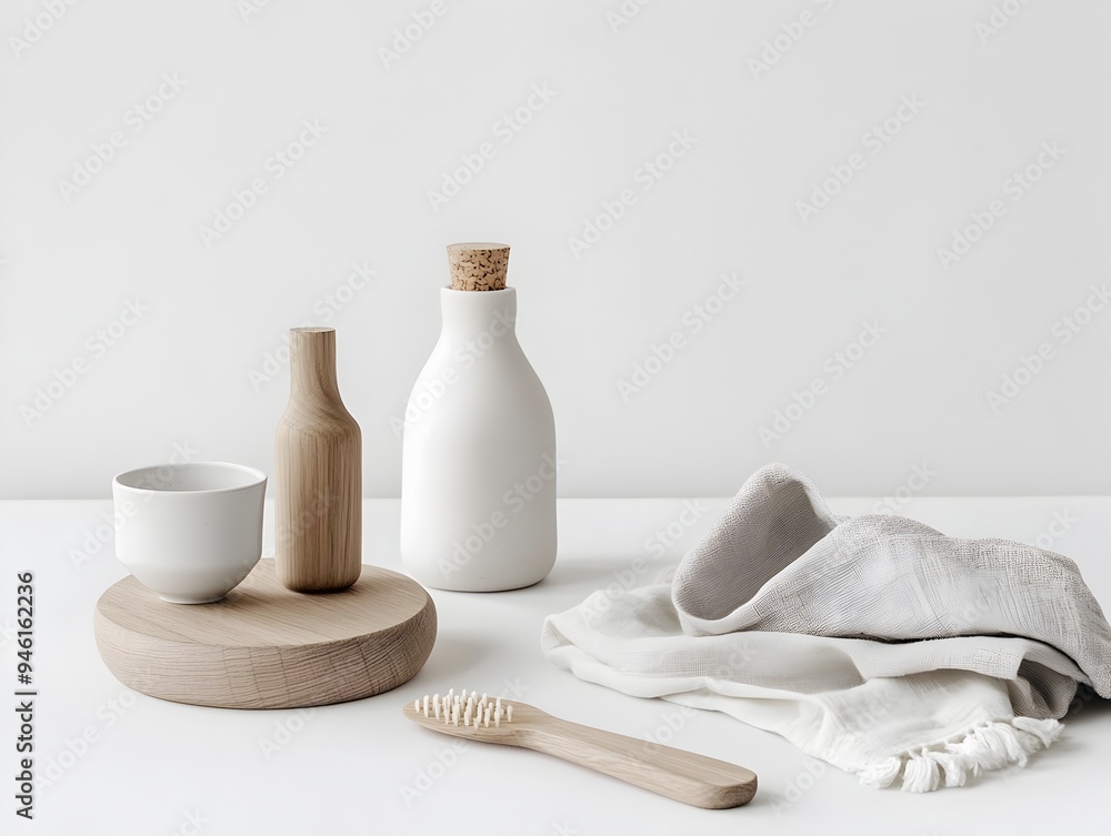 A curated collection of utilitarian household items arranged in a balanced and harmonious composition on a pristine white background A curated collection of utilitarian household items arranged in a balanced and harmonious composition on a pristine white background