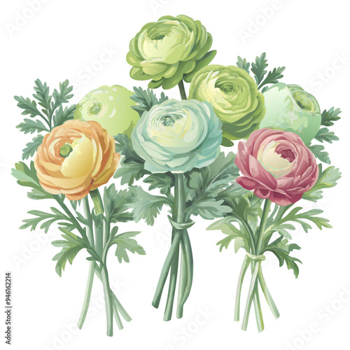 Vibrant Ranunculus Bouquet in Green, Yellow, Orange, and Pink Shades