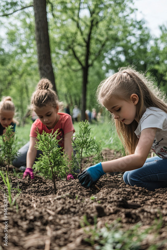 Children planting trees in a park
 photo