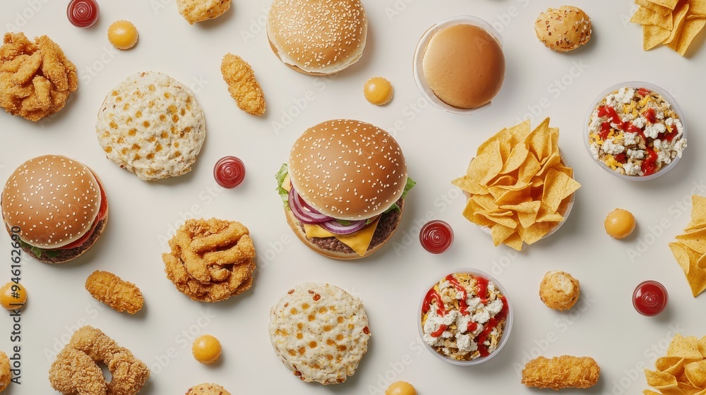 This spread features a lively assortment of fast food items, showcasing burgers, chicken, snacks, and colorful sides perfect for sharing This spread features a lively assortment of fast food items, showcasing burgers, chicken, snacks, and colorful sides perfect for sharing