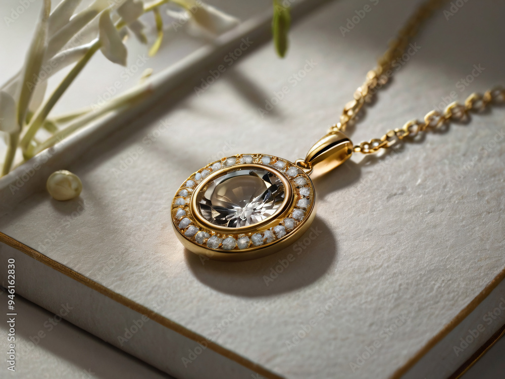 A gold necklace with a single diamond pendant on a grey background. A gold necklace with a single diamond pendant on a grey background.