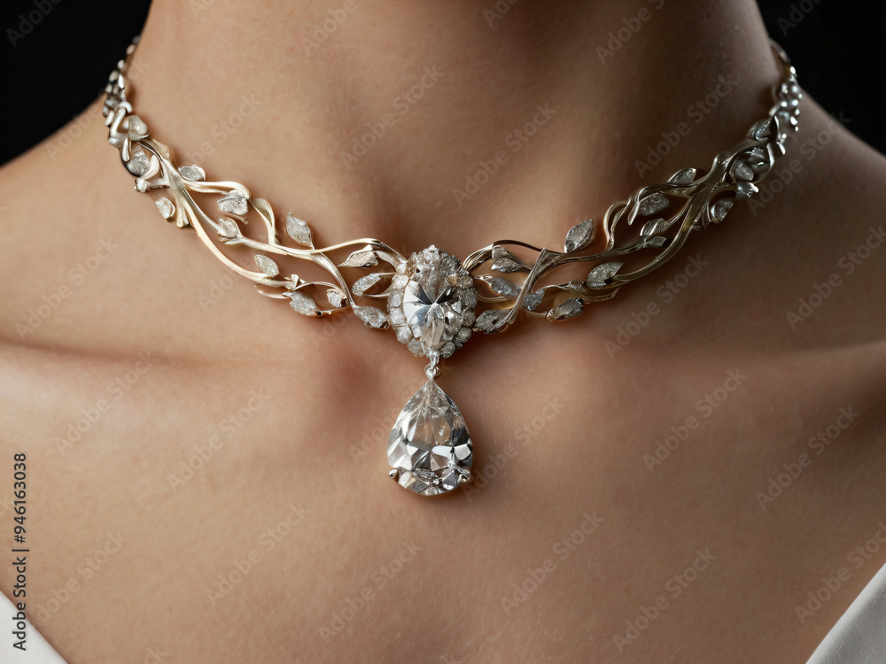 A gold necklace with a single diamond pendant on a grey background. A gold necklace with a single diamond pendant on a grey background.