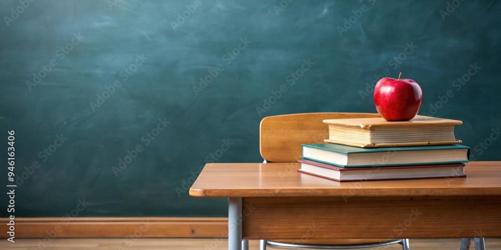 School desk with stack of books, red apple, and chalkboard in classroom setting School desk with stack of books, red apple, and chalkboard in classroom setting