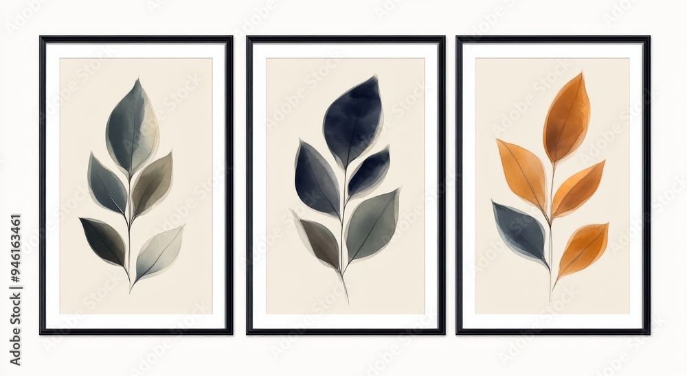 Set of Three Vertical Framed Prints Featuring Abstract Leaf Designs in Navy Blue, Olive Green, Burnt Orange, and Gray Tones Set of Three Vertical Framed Prints Featuring Abstract Leaf Designs in Navy Blue, Olive Green, Burnt Orange, and Gray Tones