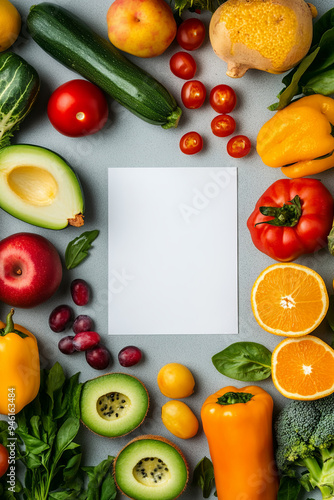 Creative layout made of various fruits and vegetables with white paper card. Flat lay. Food concept
 photo